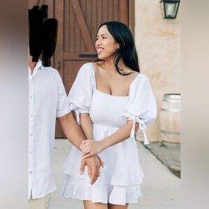 Showpow Puff White Dress w/ Ruffles Babydoll Silhouette Square Neckline